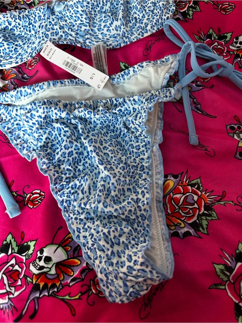 Frankie's Bikinis Light Blue and White Leopard Print Tie-Side Bikini